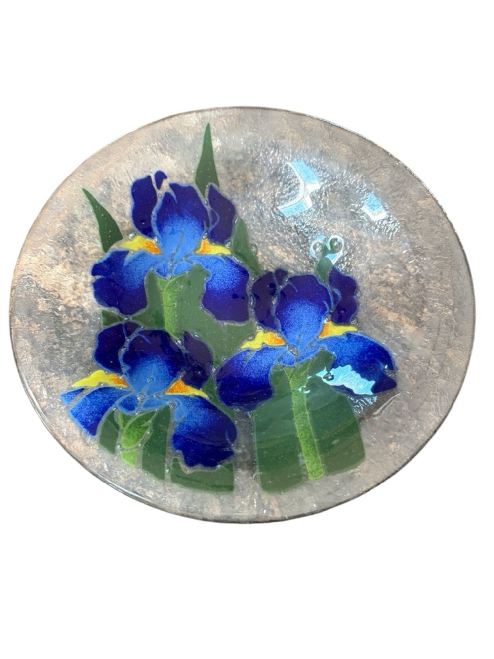 Peggy Karr Signed Fused Art Glass Blue/Purple Iris Round Bowl 10.5" W Vintage
